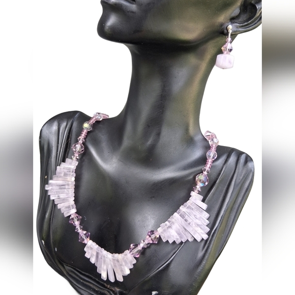 STUNNING VINTAGE ART DECO STYLE AMETHYST & GLASS NECKLACE & EARRINGS - Picture 2 of 8